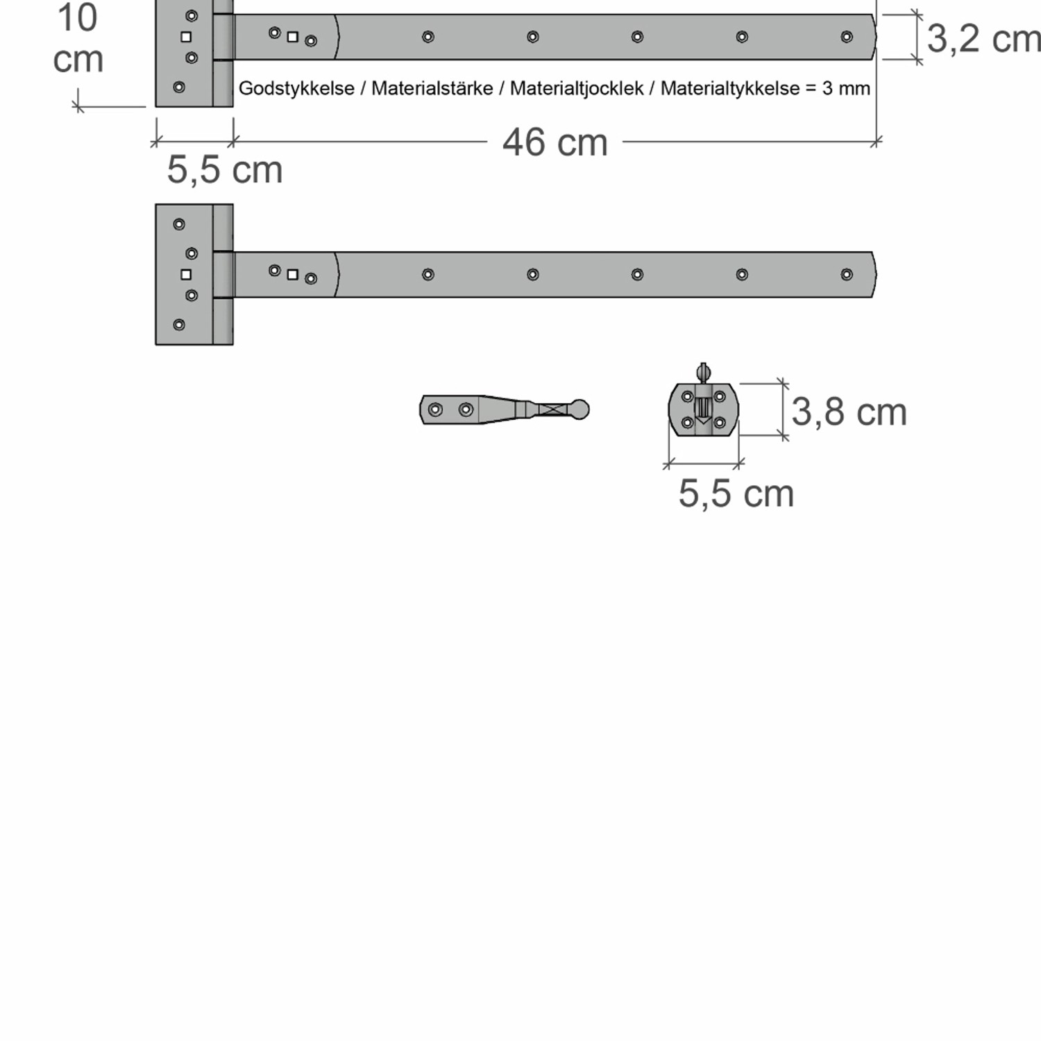 Technische Zeichnung: Tor-Schloss-Set mit Maßen für Gartentor aus Nadelholz.
