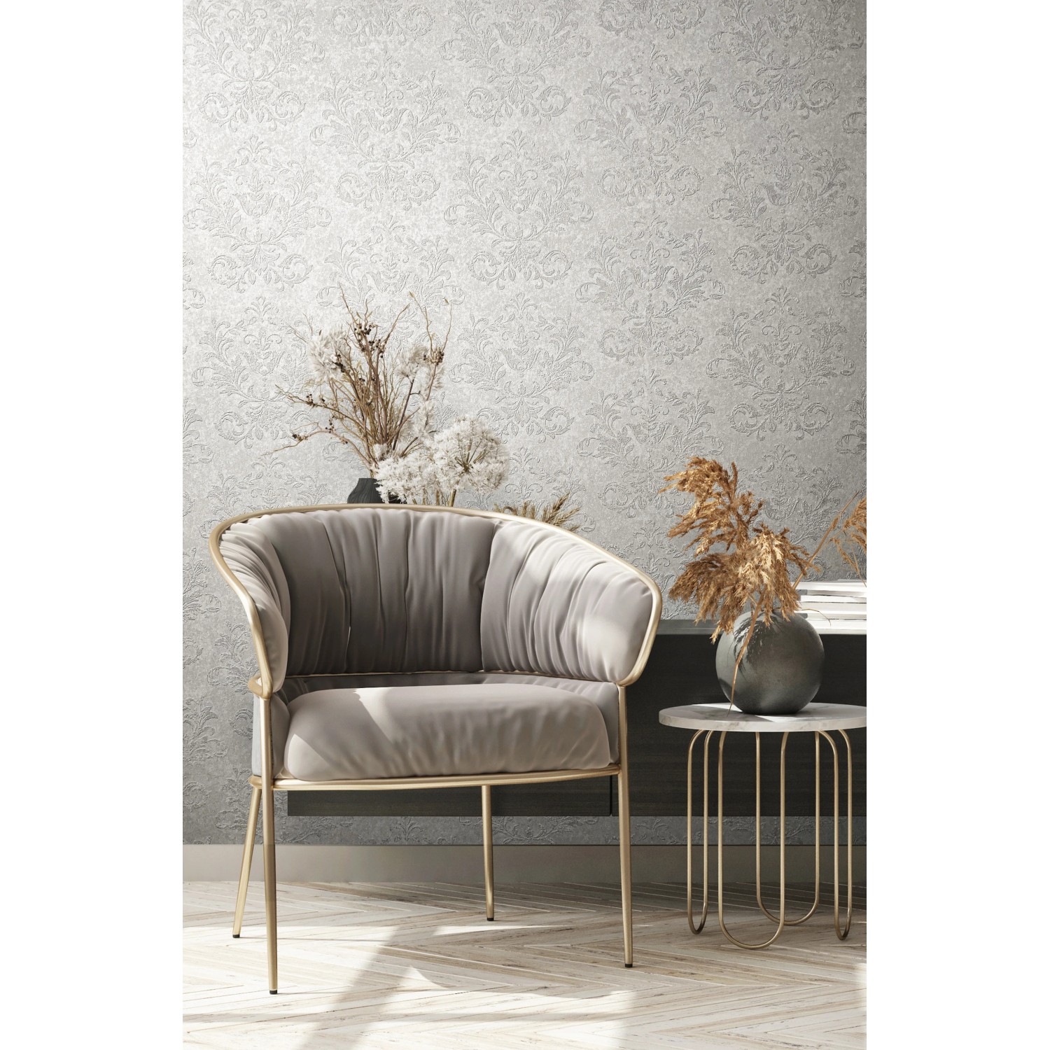 Marburg Vliestapete Habitat Ornament grau-beige im Raum, dekorative Tapete mit floralem Muster.