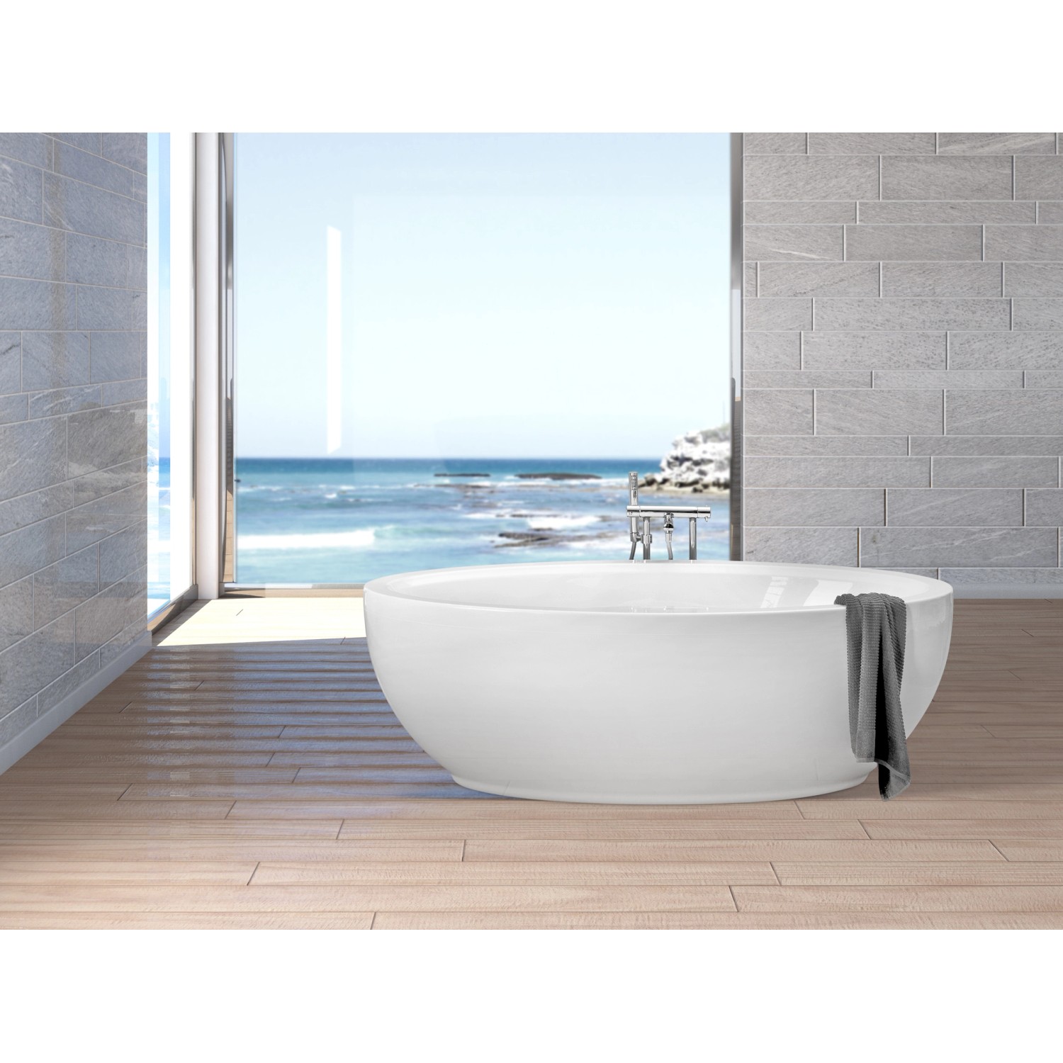 Freistehende, weiße Ottofond Whirlpool-Badewanne Luna Komfort mit Handtuch. 