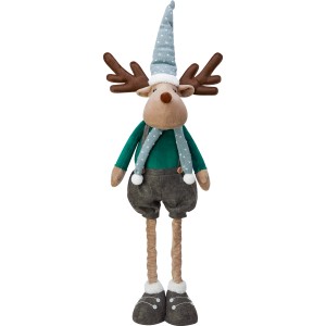 Weihnachtliches Stoff-Rentier (72 cm) in Braun-Grün mit Pop-Up Beinen als Weihnachtsdekoration.