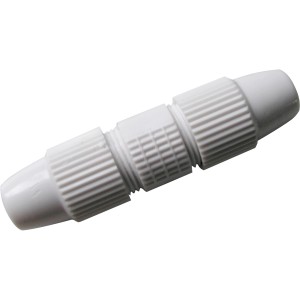 Weißer Schwaiger Koax-Kabelverbinder aus Kunststoff und Metall für Antennenkabel.