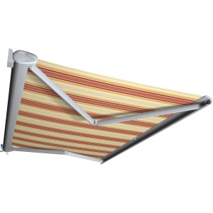 Kassettenmarkise Perform, 300x200 cm, silbernes Gestell, rot-orange gestreiftes Tuch.