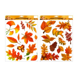 Herbstfensterbilder, 42x30cm, mit bunten Blättern und Eicheln als Dekoration für die Herbstzeit.