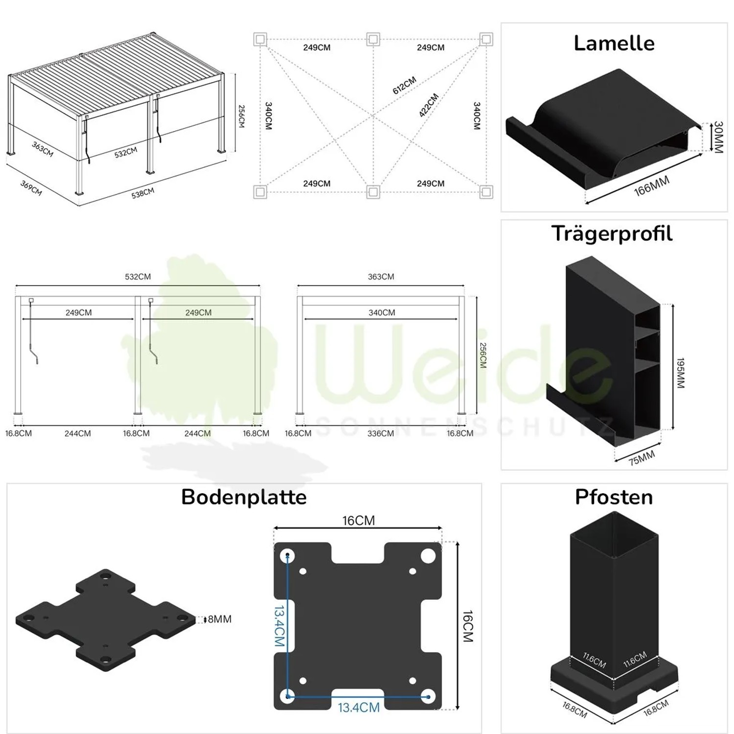 Technische Zeichnung des Weide Deluxe Pavillon 3,6x5,3m Anthrazit. Zeigt Maße, Lamellen, Pfosten und Trägerprofil der Aluminium Terrassenüberdachung.