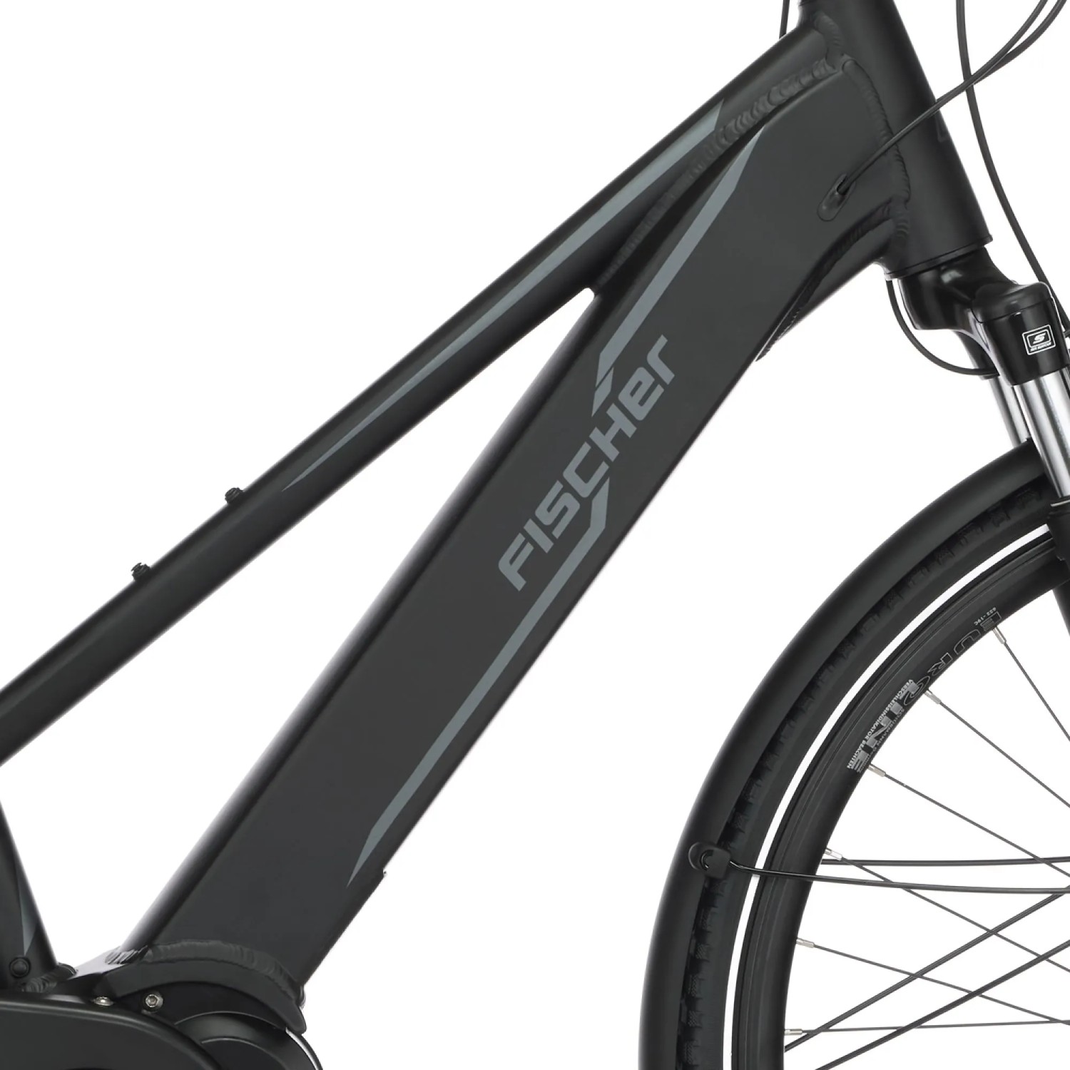 Detailaufnahme: Graues Fischer E-Bike Trekking-Rad Viator 4.1i Damen mit Trapezrahmen.