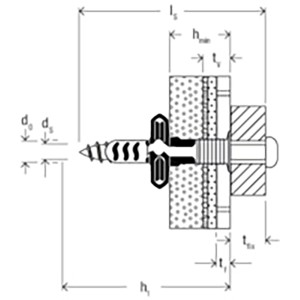 Technische Zeichnung Fischer Dübel DuoSeal mit Schraube und Bemaßung.