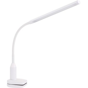 Weiße Eglo LED-Klemmleuchte Laroa mit flexiblem Arm und neutralweißem Licht für Schreibtisch oder Regal.