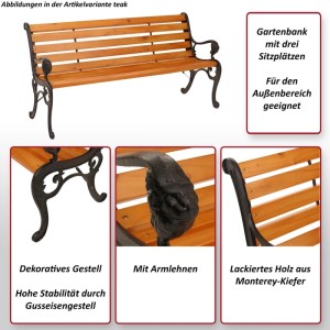 Gartenbank aus Kiefernholz und Gusseisen, 3-Sitzer, mit Armlehnen und dekorativem Gestell.