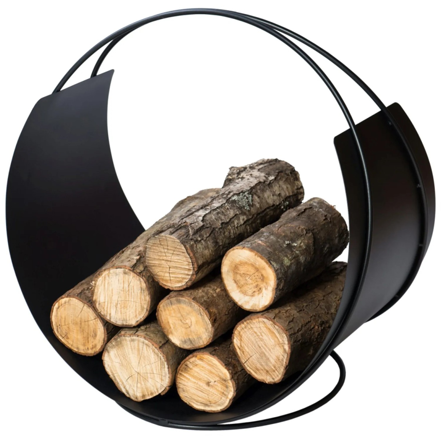 Schwarzer Vasner Kaminholzkorb Situro S1 aus Stahl, gefüllt mit Holzscheiten.