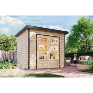 Karibu Gartenhaus Domingo 2 A in Natur-Anthrazit mit Doppeltür und Trapezblechdach.
