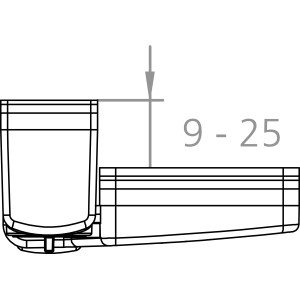 Skizze der Burg-Wächter Winsafe WS 33, einer weißen Fenstersicherung, mit Maßangabe 9-25.