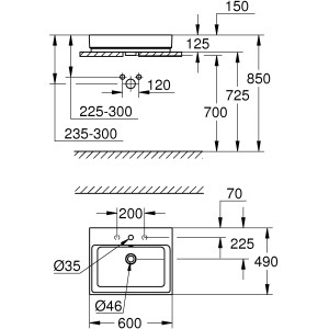 Technische Zeichnung: Grohe Cube Aufsatzwaschbecken, 60 cm, alpinweiß, mit Maßen für Installation.