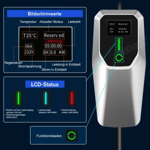Junsun EV Ladegerät mit LCD-Bildschirm und Statusanzeigen. Zeigt Ladewerte, Temperatur und Funktionen. Zubehör für E-Autos.