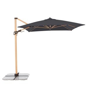 Anthrazitfarbener Pendelschirm ALU WOOD AX Ultra, 220x300 cm, mit hellem Eschenholz-Look.