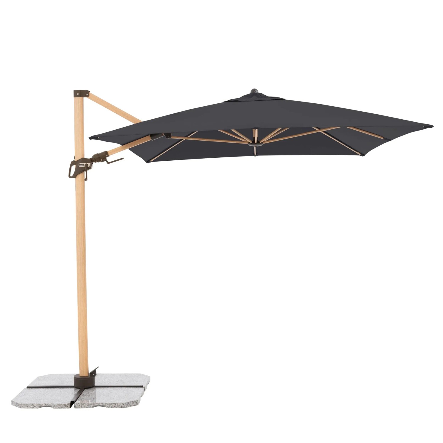Anthrazitfarbener Pendelschirm ALU WOOD AX Ultra, 220x300 cm, mit hellem Eschenholz-Look.