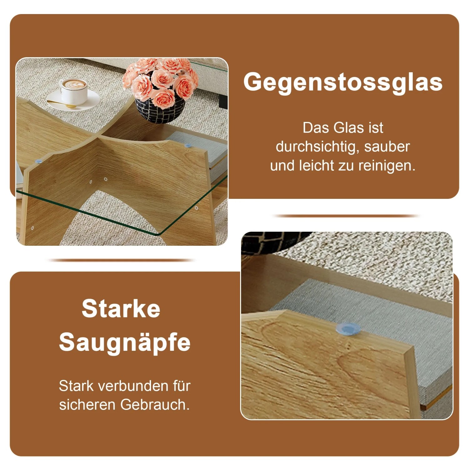 okwish Beistelltisch mit Sicherheitsglas Quadratisch Wohnzimmer Büro 80x80x40cm Natur_7