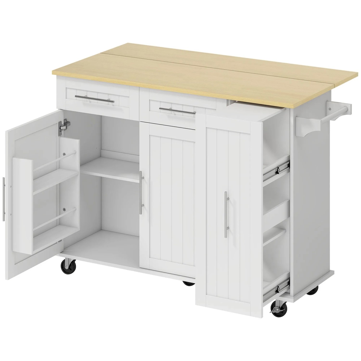 Weiße HOMCOM Kücheninsel aus MDF mit ausklappbarer Holzplatte, offenen Fächern, Schubladen, Handtuchhalter und Rollen.