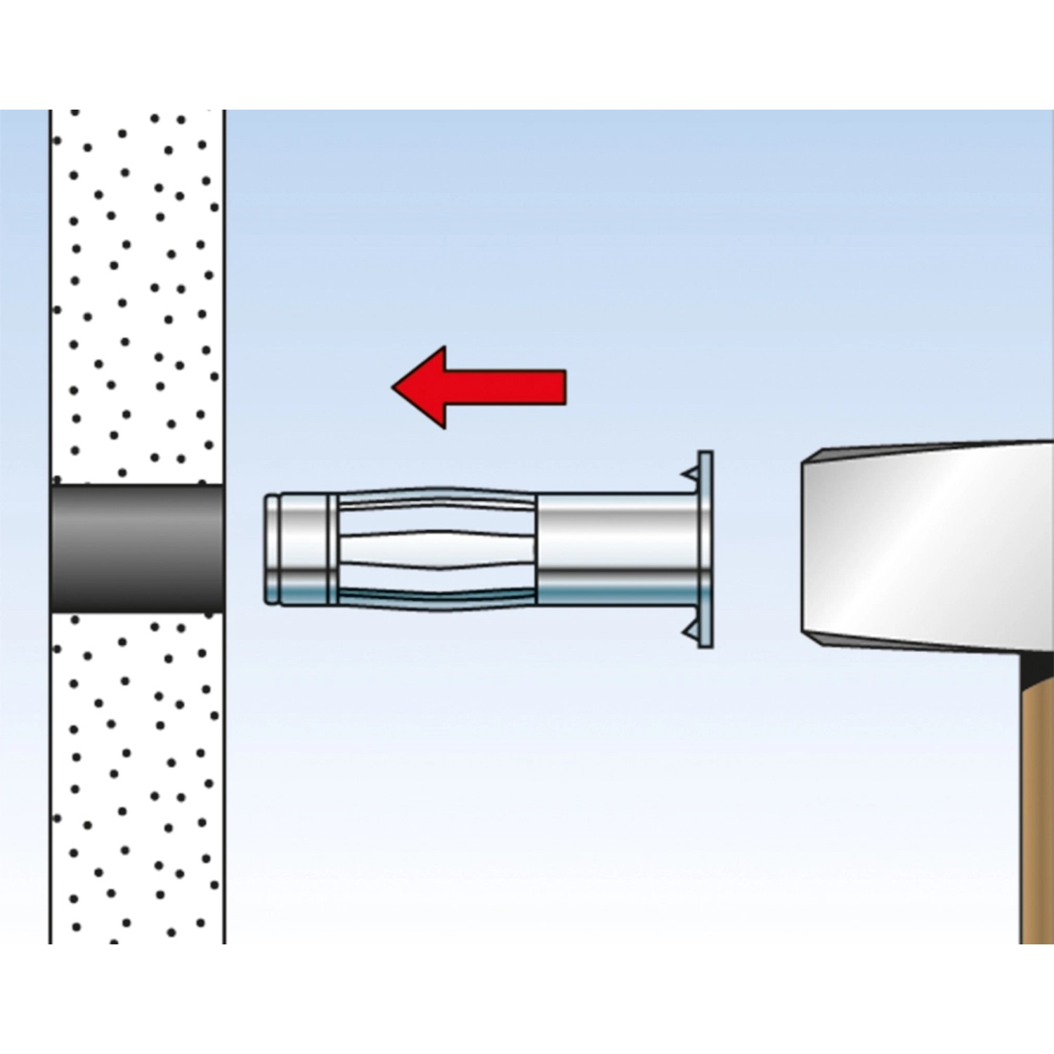 Illustration: Montage des Fischer HM 4x45 Hohlraumdübel mit Hammer in Wand.