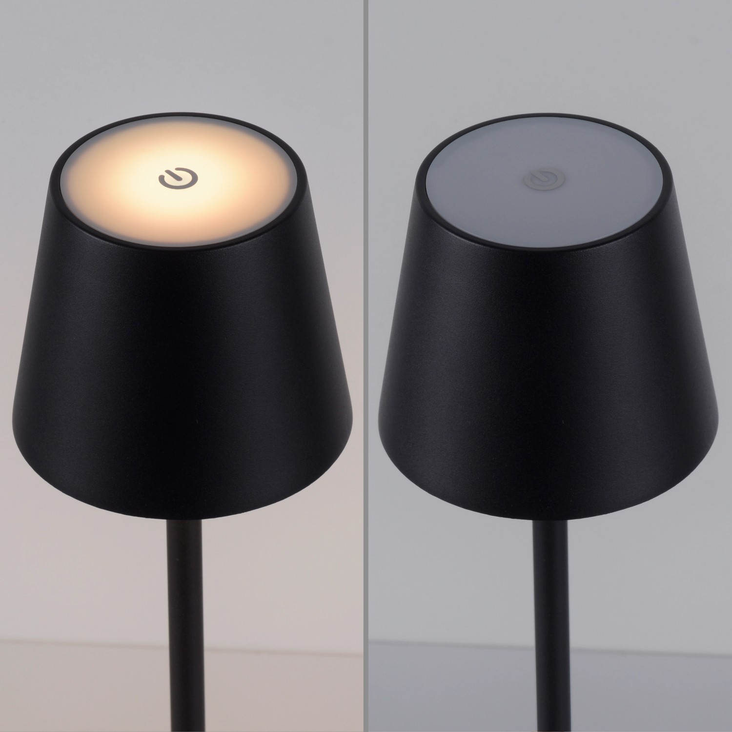 Schwarze LED-Akku-Tischleuchte Euria von Just Light, mit Touchdimmer, an- und ausgeschaltet dargestellt.