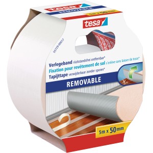 Tesa Verlegeband, 5m x 50mm, rückstandsfrei entfernbar, für Teppich und PVC-Beläge.