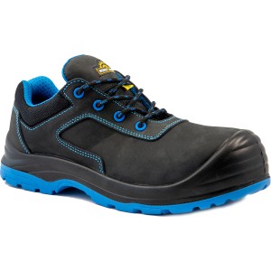 Schwarzer Workpower Sicherheitshalbschuh S3 Avenhorn Gr. 42 mit blauen Akzenten.