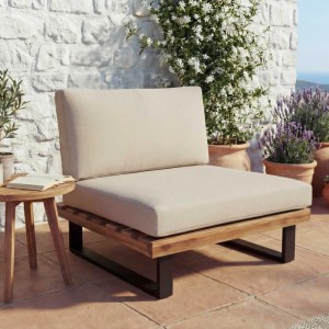 MCW Lounge-Sessel H54, hellbraunes Akazienholz, beige Polster für Garten, Terrasse oder Balkon.