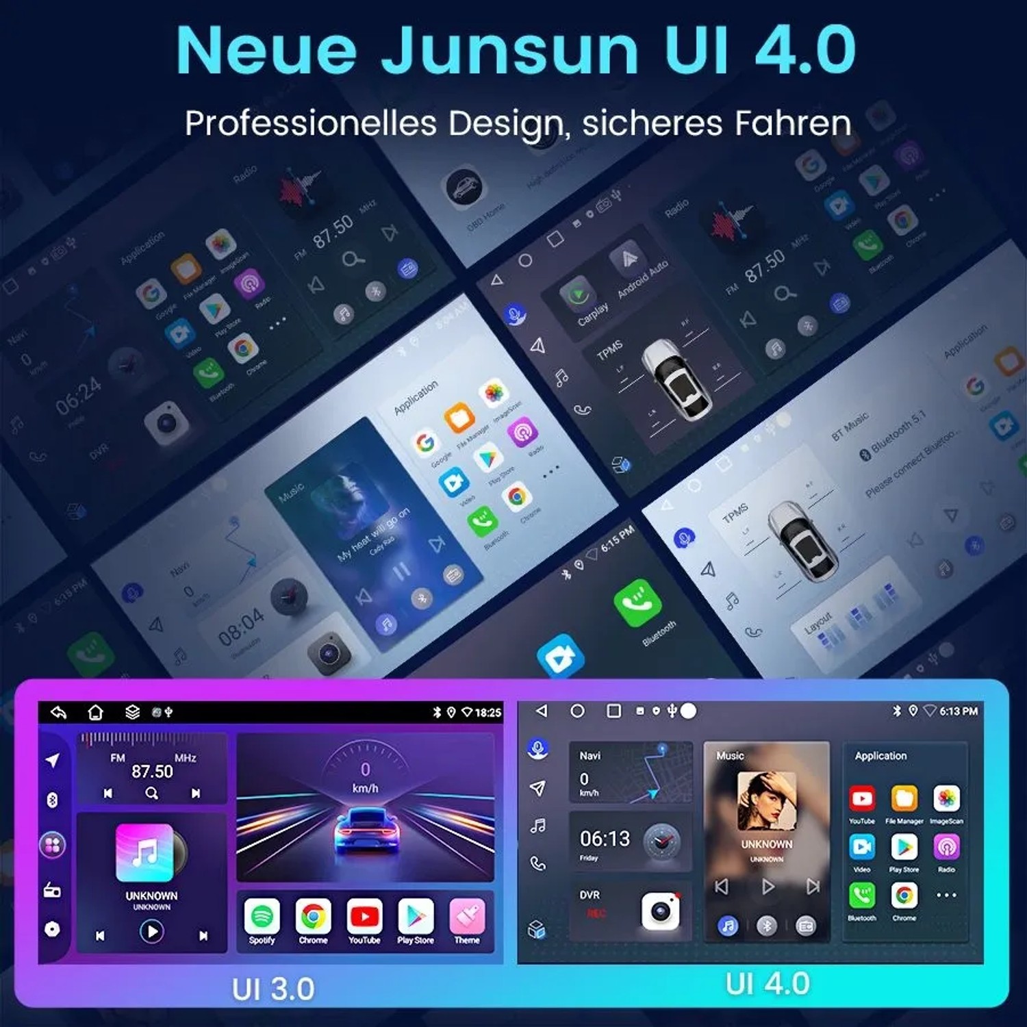 Junsun Autoradio UI 4.0 mit professionellem Design, Navigation, Apps auf HD Display. Vergleich zu UI 3.0 für Skoda Yeti.