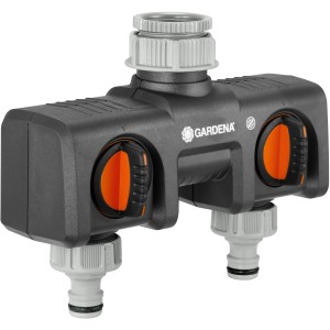 Gardena 2-Wege-Verteiler für zwei Geräte am Wasserhahn, regulierbar.