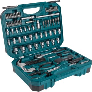 Makita Werkzeug-Set E-10899, 76-teilig im geöffneten, türkisfarbenen Koffer mit diversen Werkzeugen.