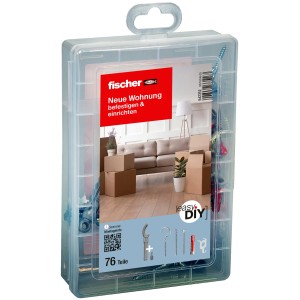 Fischer EasyDIY Box „Neue Wohnung“ (76 Teile) mit Dübeln, Schrauben und Haken in transparenter Kunststoffbox.