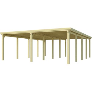 Weka Doppelcarport 618 Gr. 3 mit Trapezblech, Holzkonstruktion mit Flachdach und stabilen Pfosten.
