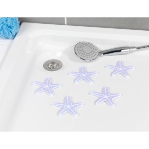 Wenko Antirutsch-Sticker Seestern Flieder, 5 Stück, in Dusche platziert.