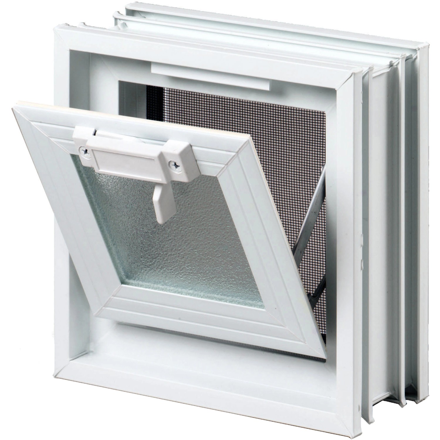 Weißes Lüftungsfenster 189x189 mm für Glasbausteine mit Fliegengitter, geöffnet.