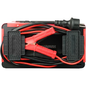 APA Werkstattladegerät mit Starthilfe, 20 A, digital. Rot-schwarzes Gehäuse mit Kabeln und Klemmen.