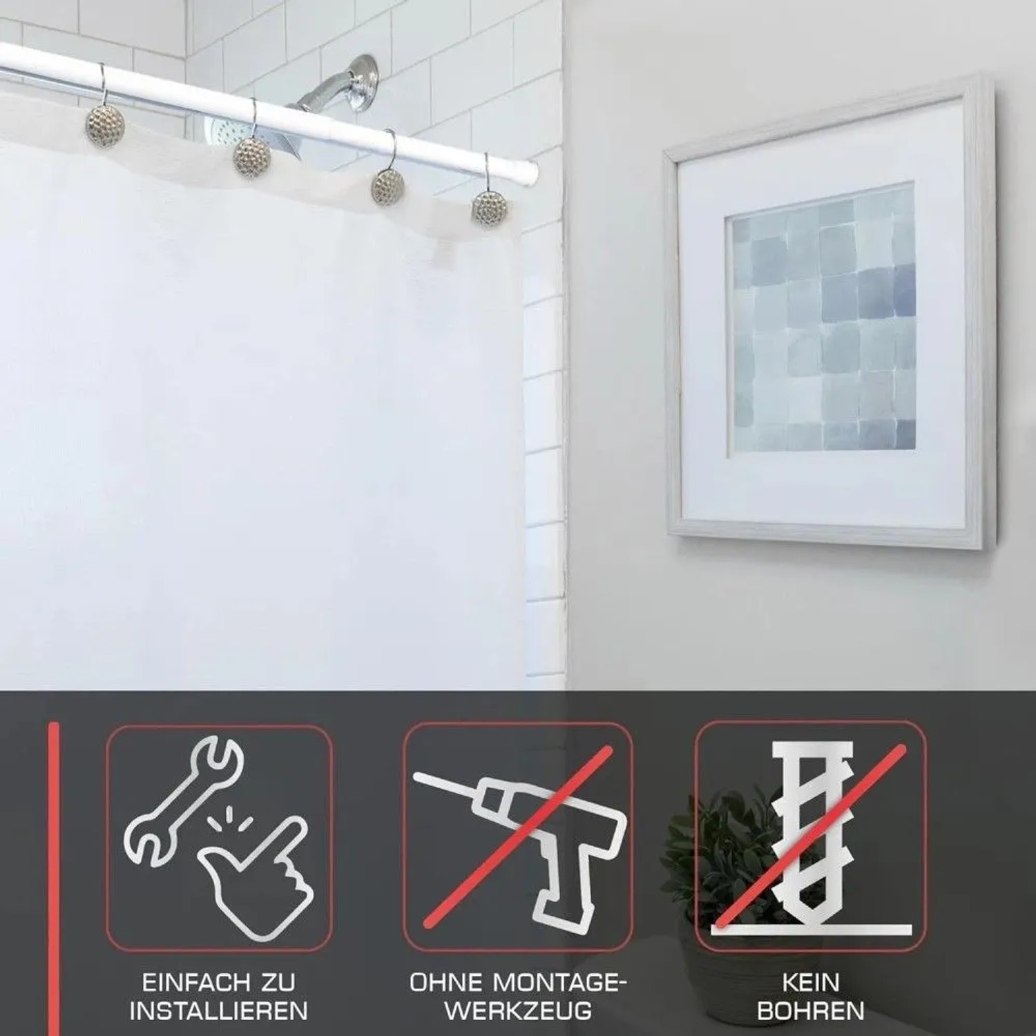 Weiße Bomoe Neptun Duschstange (L 140-260cm) mit Duschvorhang im Badezimmer.