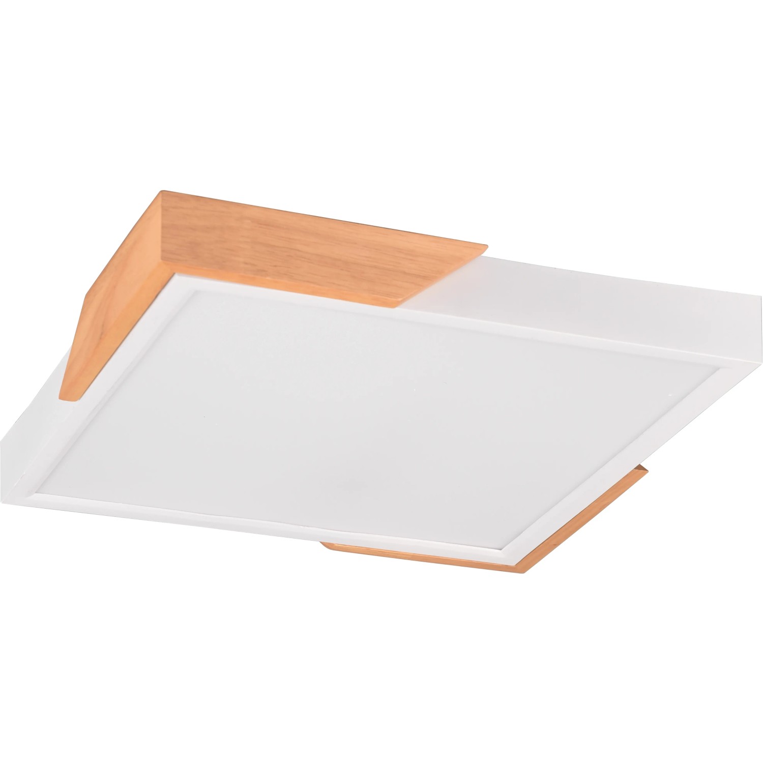 Moderne, dimmbare LED Deckenleuchte Meta in Weiß matt mit Holzapplikationen.