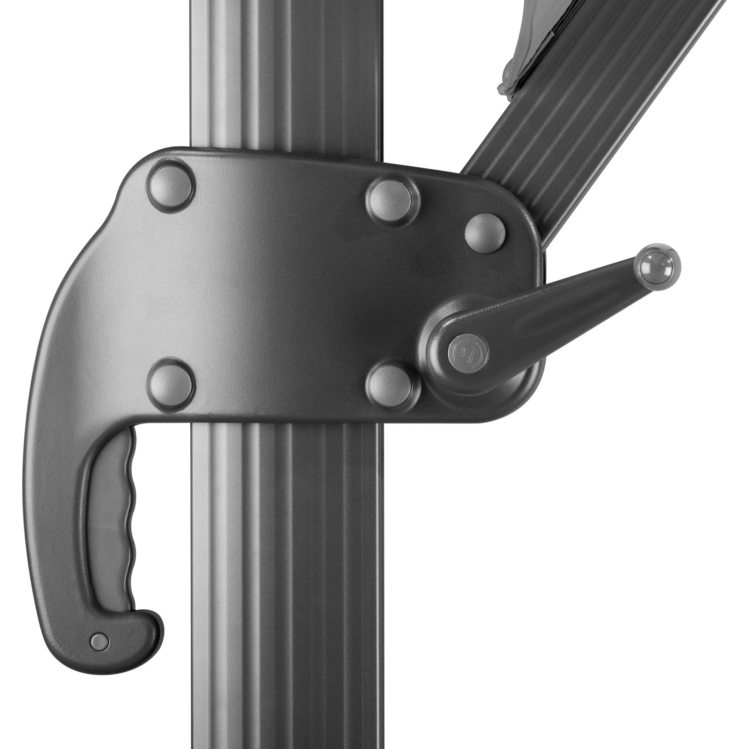Detailaufnahme des anthrazitfarbenen Schneider Rhodos Grande Ampelschirms mit Kurbelmechanismus.