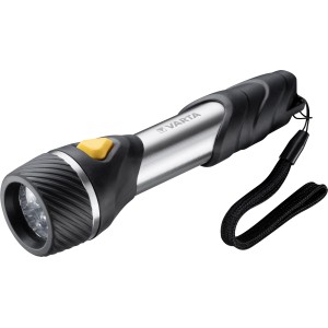 Varta LED-Taschenlampe Day Light F20 mit Handschlaufe und gelbem Knopf.