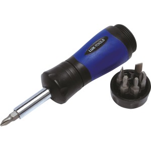 LUX Schraubendreher mit Bitaufnahme, 6-teilig. Schraubenzieher-Set mit blau-schwarzem Griff und verschiedenen Bits.