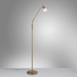 Paul Neuhaus Stehleuchte Pino in Altmessingfarben, höhenverstellbar und mit Opalglas Leuchtenkopf.