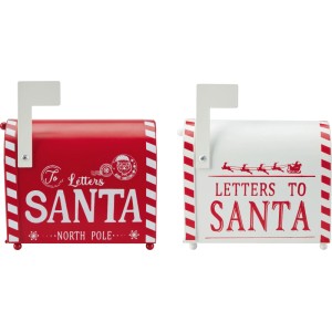 Zwei rot-weiße Weihnachtsdeko Briefkästen aus Eisen mit 'Letters to Santa' Schriftzug. Ideal für Tisch & Regal.