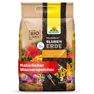 Sack Neudorff NeudoHum BlumenErde 3L, torffreie Universalerde für Zimmer-, Balkon- und Terrassenpflanzen.