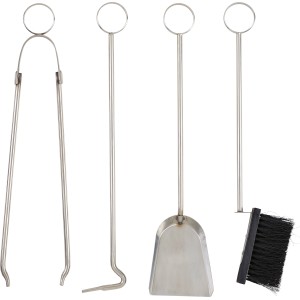 OBI Kaminbesteck Palu, 5-teilig aus Stahl und Glas: Zange, Schaufel, Haken, Bürste und Halterung.