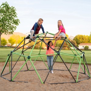 Kinder spielen auf dem Lifetime Klettergerüst Geodome, einer grünen und grauen Spielanlage für den Garten.