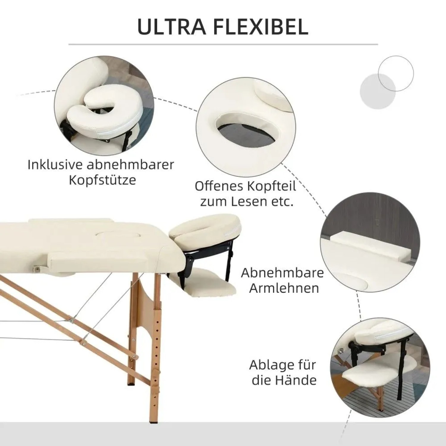 Cremeweißer HOMCOM Massagetisch aus Buchenholz, faltbar, mit verstellbarer Kopfstütze, Armlehnen und Handablage.
