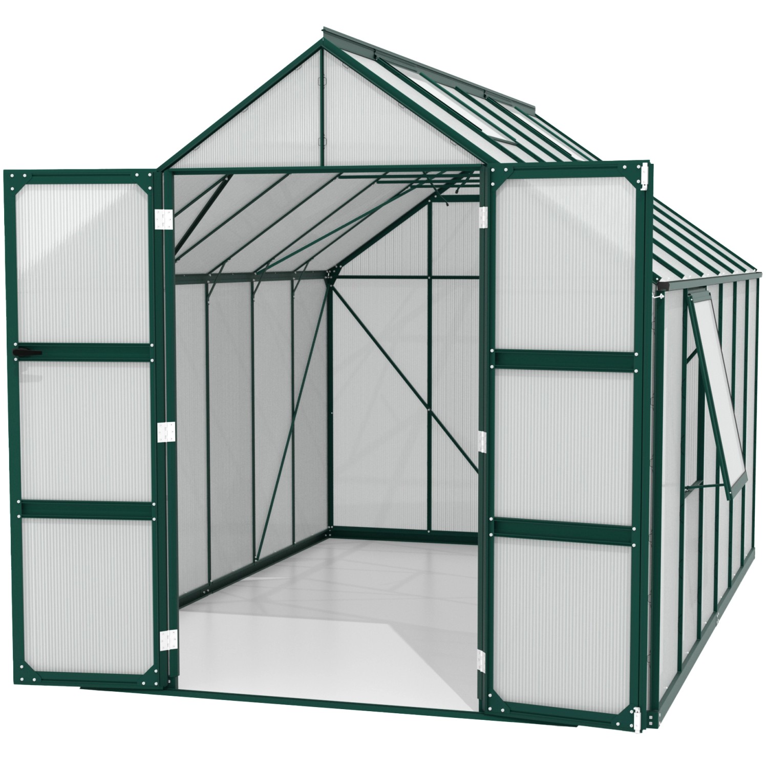 Vitavia Gewächshaus Olymp 9900 HKP, smaragdgrün, mit geöffneten Doppeltüren und Seitenfenster.