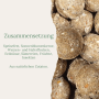 Orni Meisenknödel mit Insekten, Sonnenblumenkernen, Erdnüssen. Nahaufnahme der Futterbällchen mit Zutatenliste.