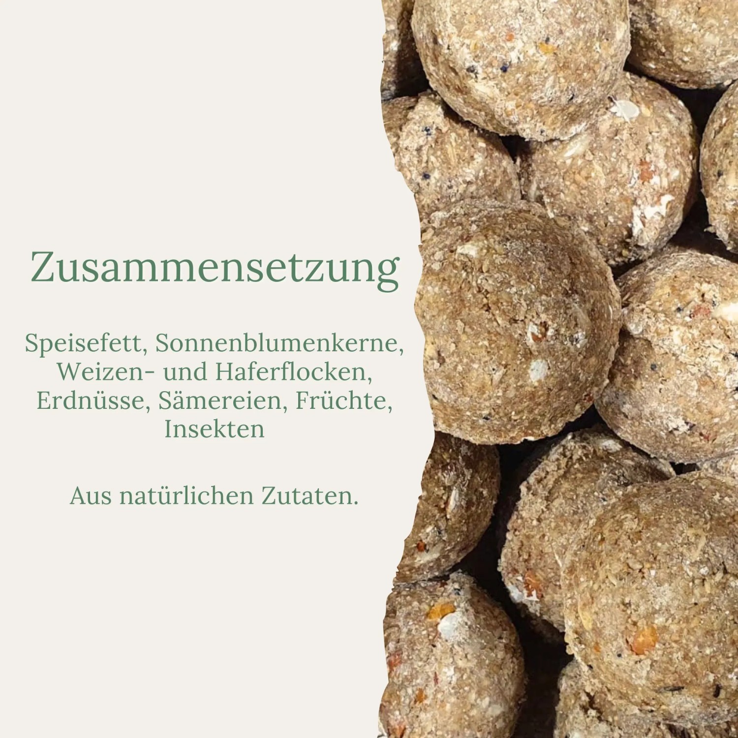 Orni Meisenknödel mit Insekten, Sonnenblumenkernen, Erdnüssen. Nahaufnahme der Futterbällchen mit Zutatenliste.