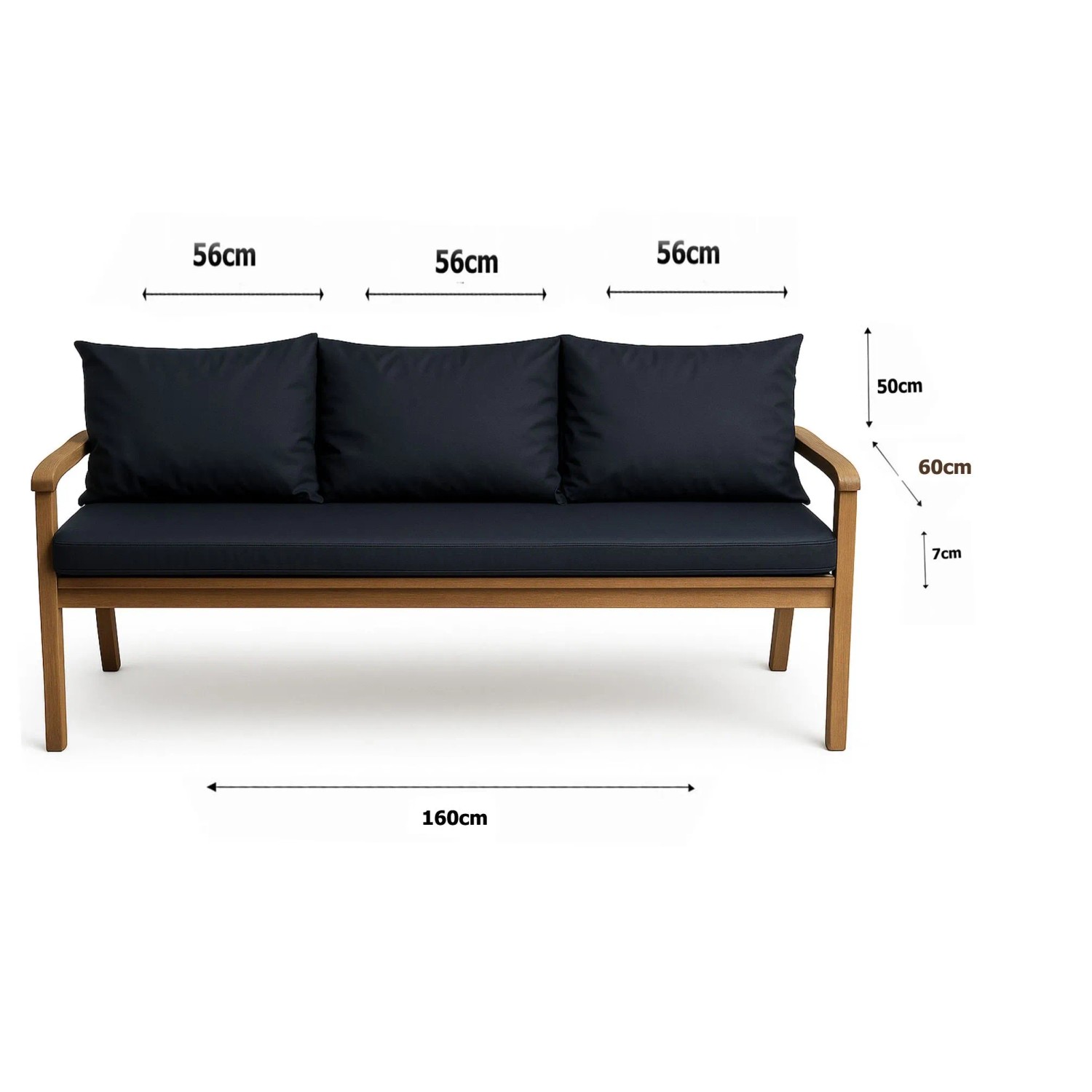 Marineblaues Setgarden Bankkissen-Set für 3-Sitzer Gartenbank, 160x60 cm + 3 Rückenkissen.