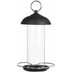 Siena Garden Vogelfutterspender aus Stahl, schwarz, mit durchsichtigem Zylinder und Aufhängevorrichtung.